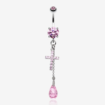 Mini Cross Shimmer Belly Ring-Pink